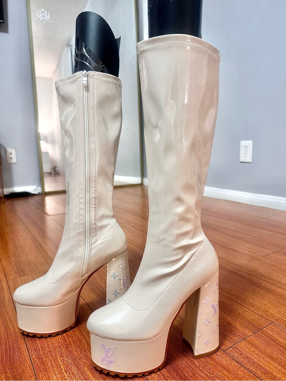 Viviana Ivory Knee-High Platform Boots with Logo-Embossed Heel